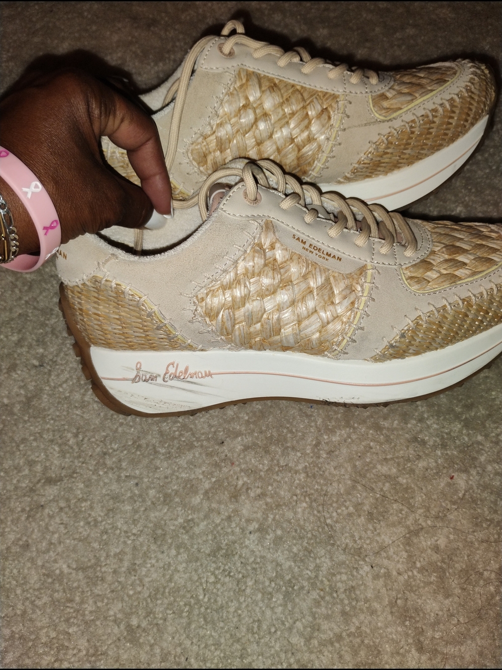 Sam Edelman Raffia-Look Lace-Up Sneakers in Beige and Tan - Picture 4 of 10